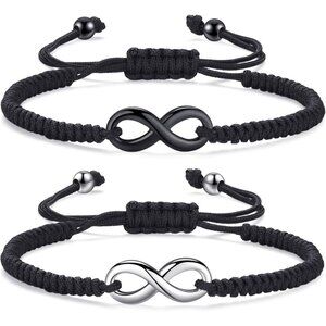 Matching Infinity Couples Bracelets Steel & Black Braided Cord Modern Unisex Jew